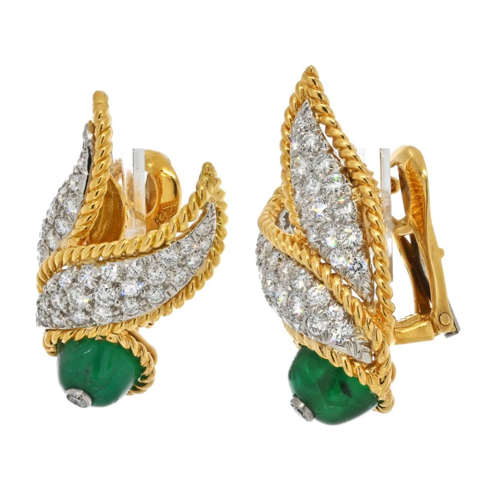 David Webb 18K Yellow Gold Cabochon Emerald And Diamond Clip On Earrings