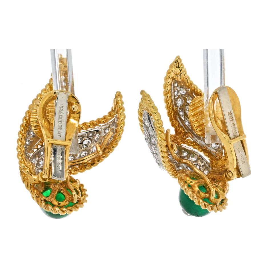 David Webb 18K Yellow Gold Cabochon Emerald And Diamond Clip On Earrings