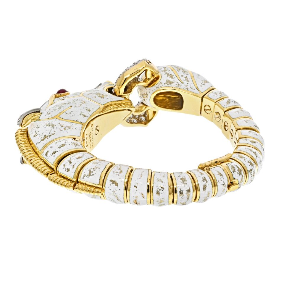David Webb Platinum & 18K Yellow Gold Dappled White Enamel Diamond Horse Bracelet
