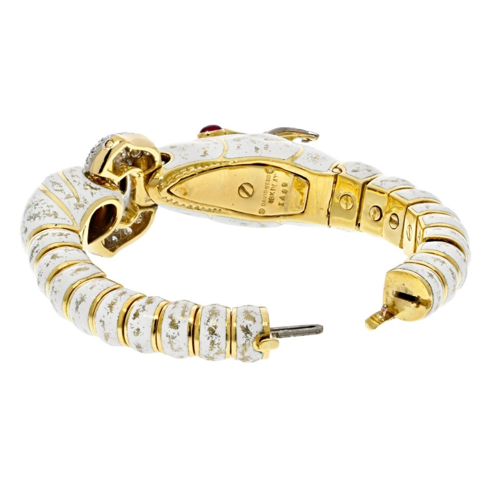 David Webb Platinum & 18K Yellow Gold Dappled White Enamel Diamond Horse Bracelet
