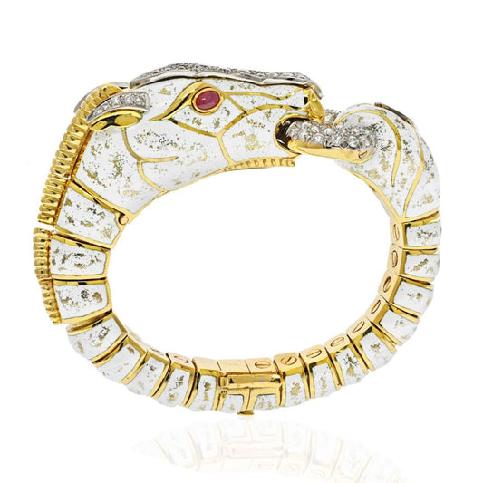 David Webb Platinum & 18K Yellow Gold Dappled White Enamel Diamond Horse Bracelet