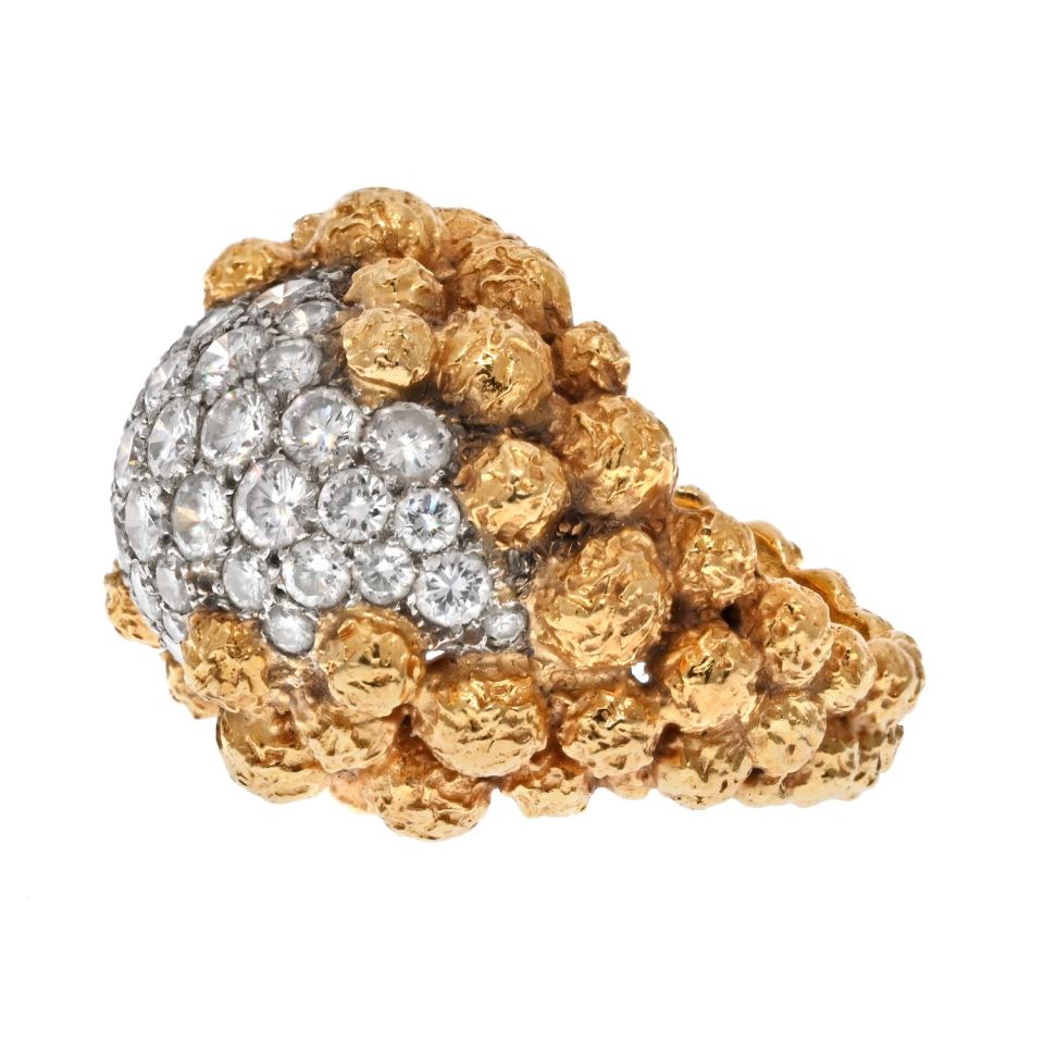 Van Cleef & Arpels 18K Yellow Gold Pave Diamond Cluster Textured Beaded Ring