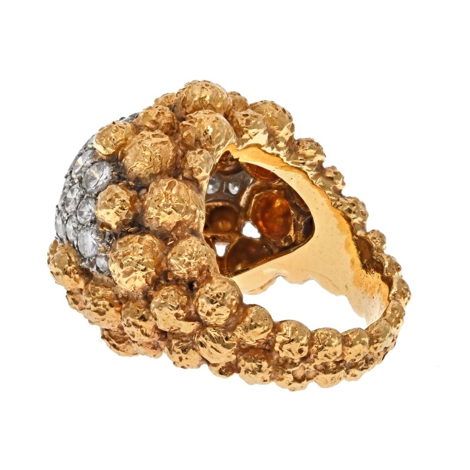 Van Cleef & Arpels 18K Yellow Gold Pave Diamond Cluster Textured Beaded Ring