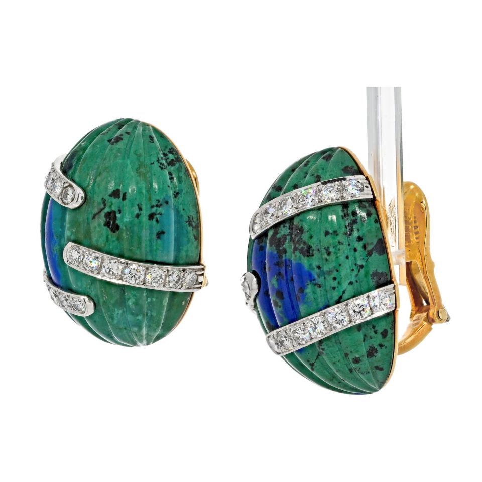 David Webb Platinum & 18K Yellow Gold Azurmalachite And Diamond Bombe Fluted Clip Earrings