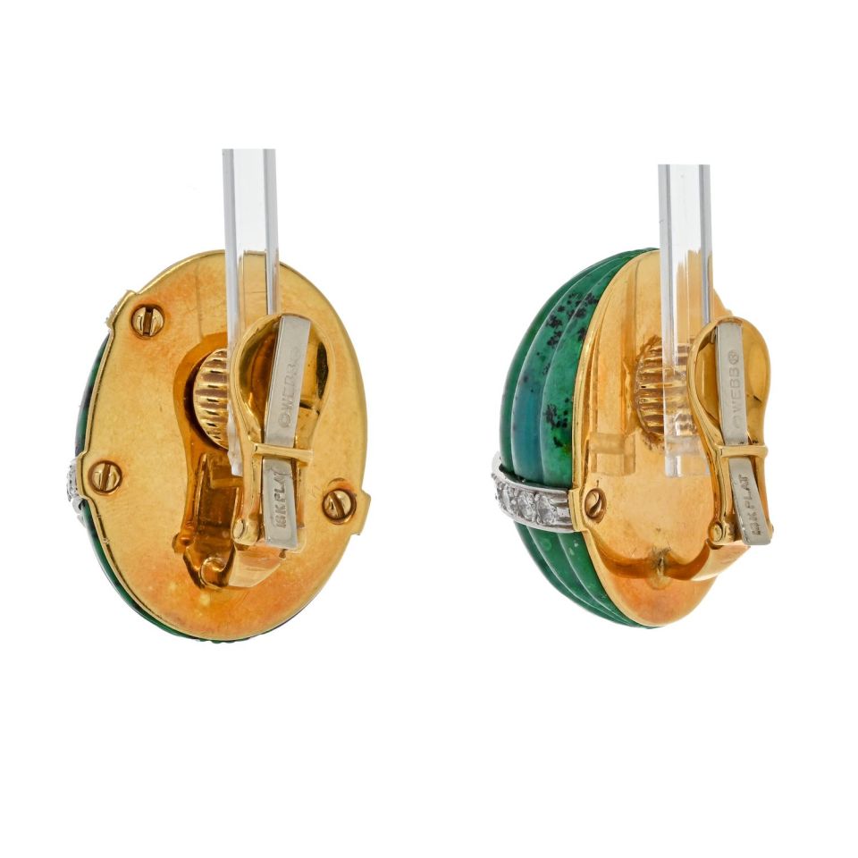 David Webb Platinum & 18K Yellow Gold Azurmalachite And Diamond Bombe Fluted Clip Earrings