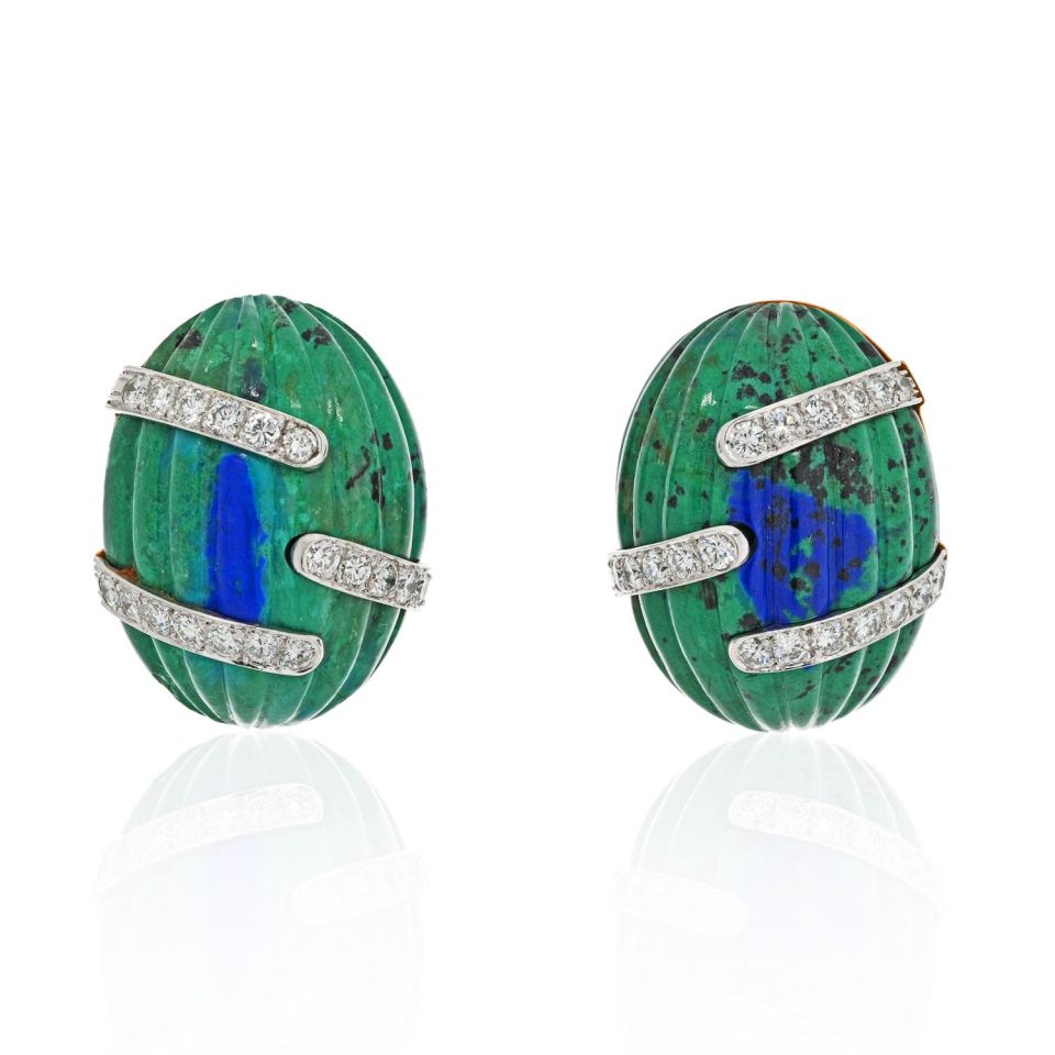 David Webb Platinum & 18K Yellow Gold Azurmalachite And Diamond Bombe Fluted Clip Earrings