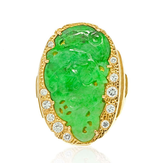 David Webb Platinum & 18K Yellow Gold Jade Diamond Hammered Ring
