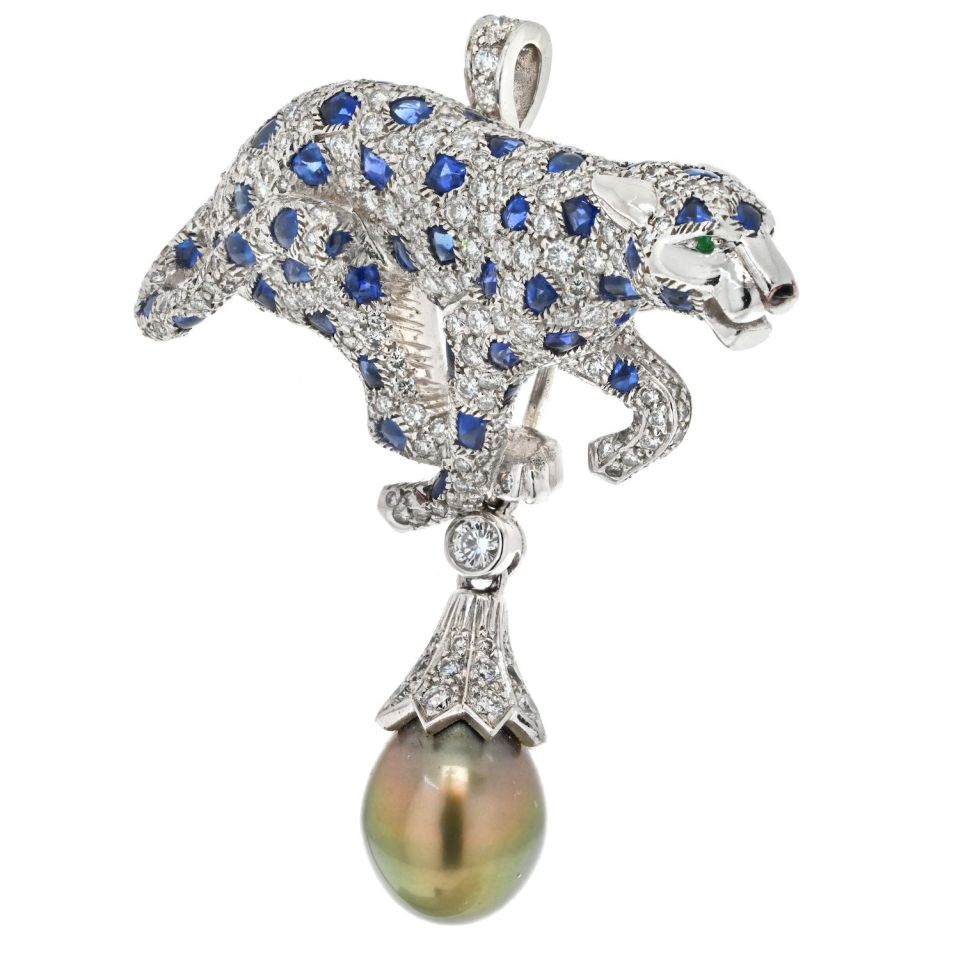 Cartier Panthere Tahitian Pearl, Sapphire And Diamond Pendant/Clip Brooch