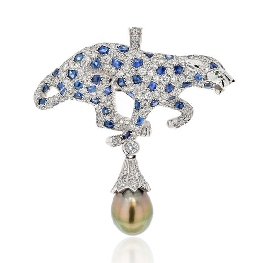 Cartier Panthere Tahitian Pearl, Sapphire And Diamond Pendant/Clip Brooch
