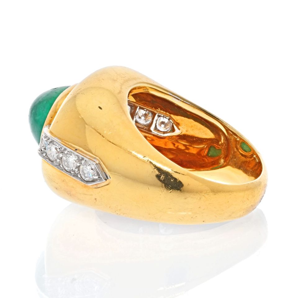 David Webb 18K Yellow Gold Cabochon Emerald Diamond Ring