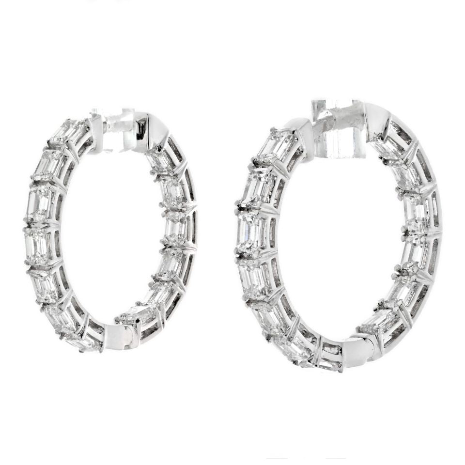 14K White Gold 3.25cttw Wide Inside Out Emerald Cut Diamond Hoop Earrings