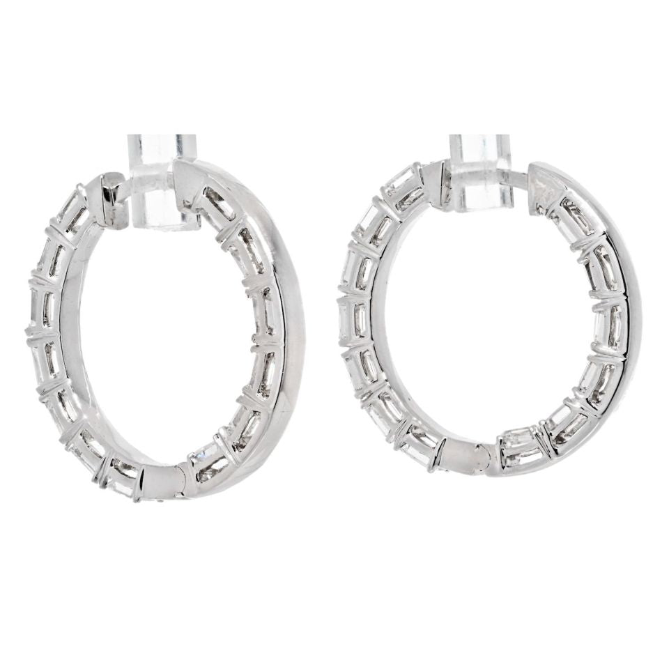 14K White Gold 3.25cttw Wide Inside Out Emerald Cut Diamond Hoop Earrings