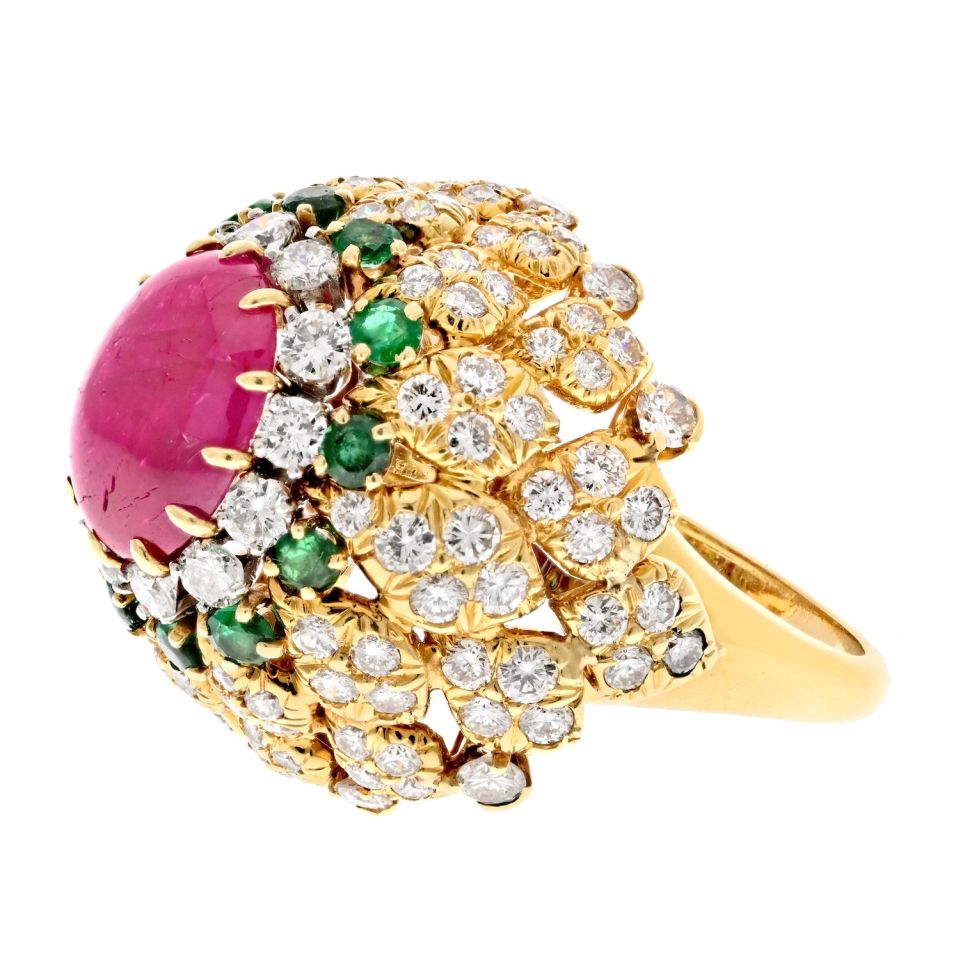 David Webb 18K Yellow Gold 1970's Ruby, Diamond and Emerald Cocktail Ring