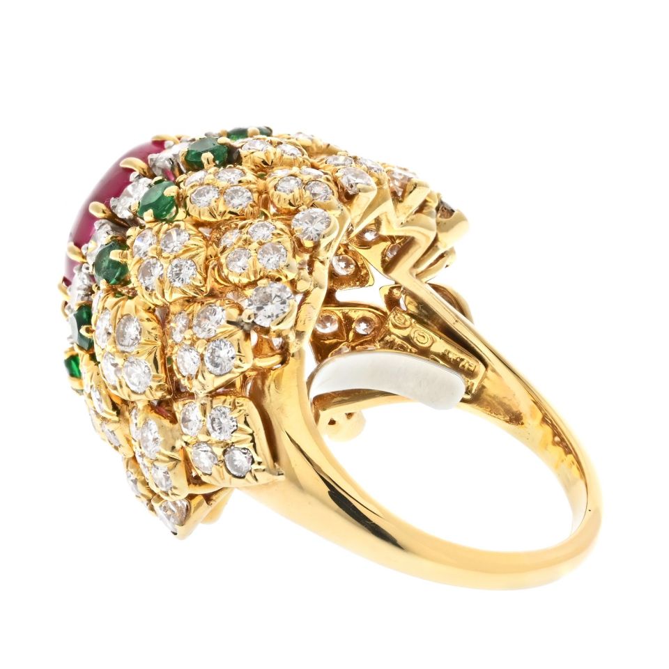David Webb 18K Yellow Gold 1970's Ruby, Diamond and Emerald Cocktail Ring