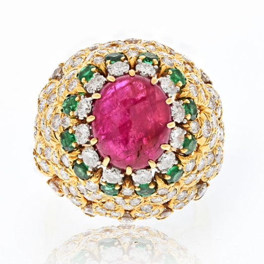 David Webb 18K Yellow Gold 1970's Ruby, Diamond and Emerald Cocktail Ring