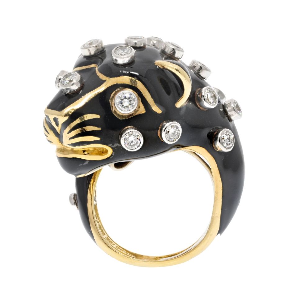 David Webb Platinum & 18K Yellow Gold Black Leopard With Diamond Spots Ring