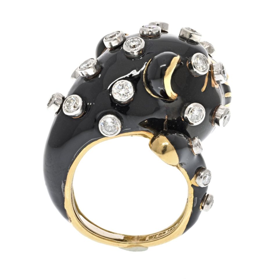 David Webb Platinum & 18K Yellow Gold Black Leopard With Diamond Spots Ring