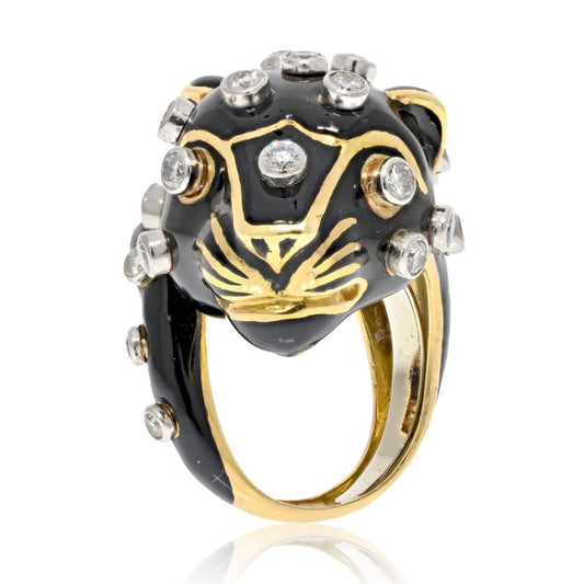 David Webb Platinum & 18K Yellow Gold Black Leopard With Diamond Spots Ring