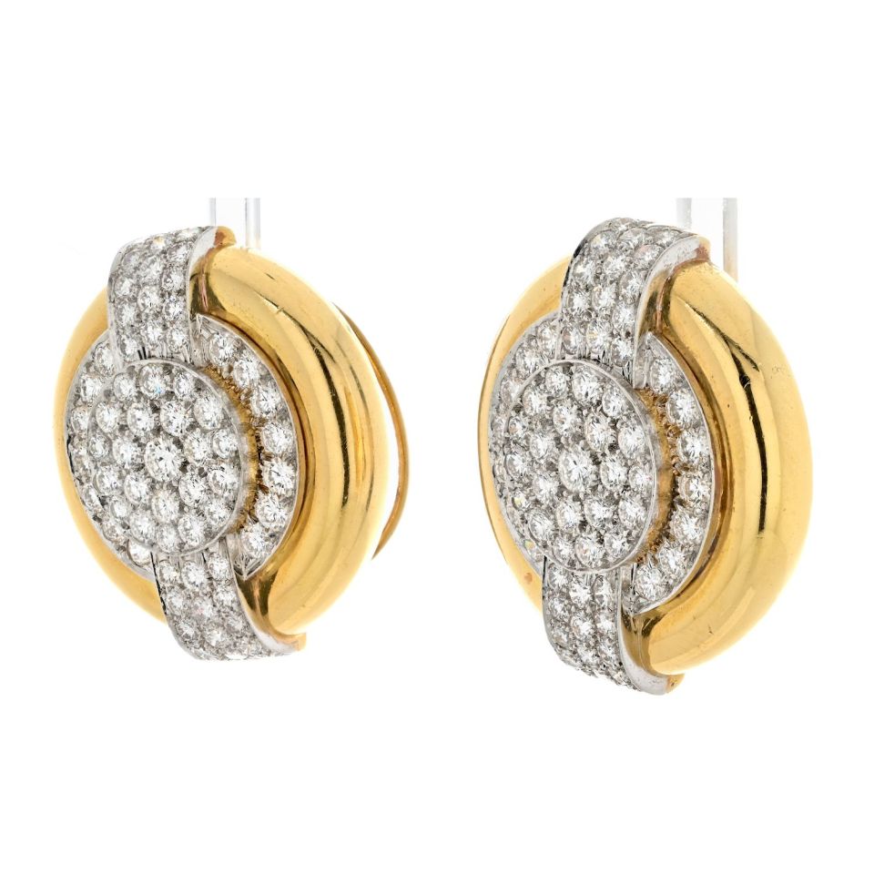 David Webb Platinum & 18K Yellow Gold 6.00cttw Diamond Round Shaped Clip On Earrings