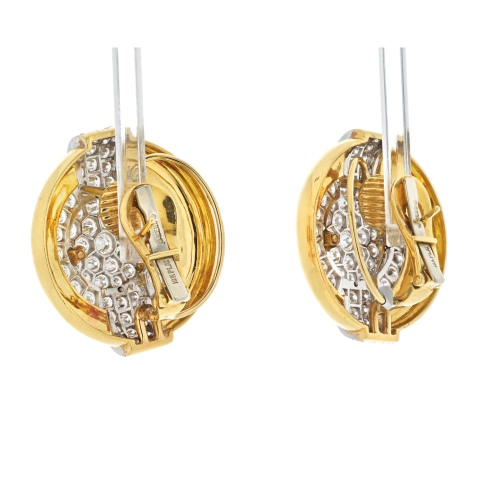 David Webb Platinum & 18K Yellow Gold 6.00cttw Diamond Round Shaped Clip On Earrings