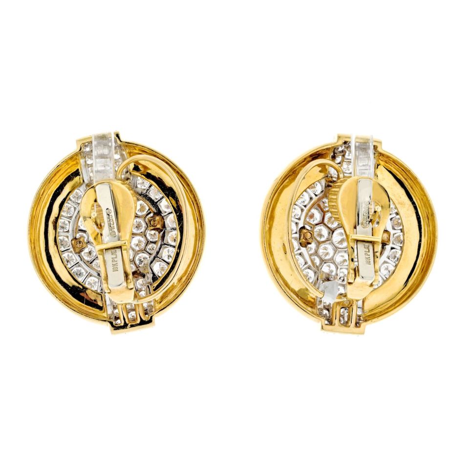 David Webb Platinum & 18K Yellow Gold 6.00cttw Diamond Round Shaped Clip On Earrings