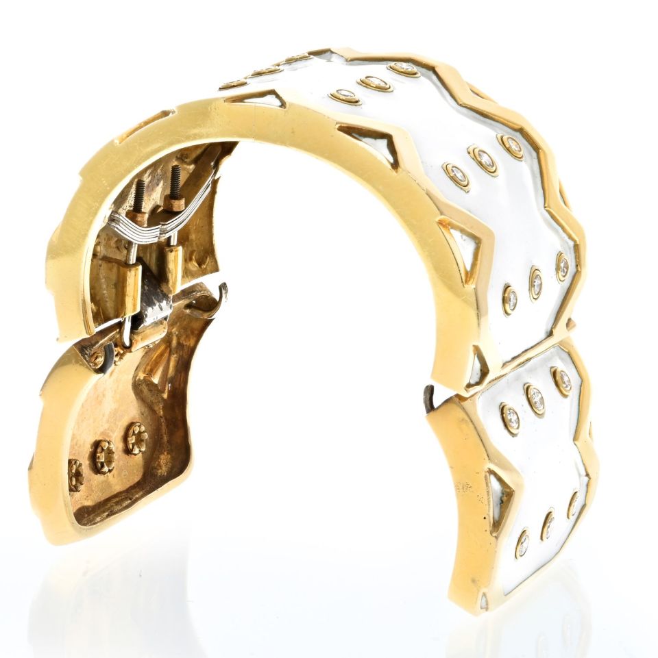David Webb Platinum & 18K Yellow Gold RickRack White Enamel Diamond Bracelet