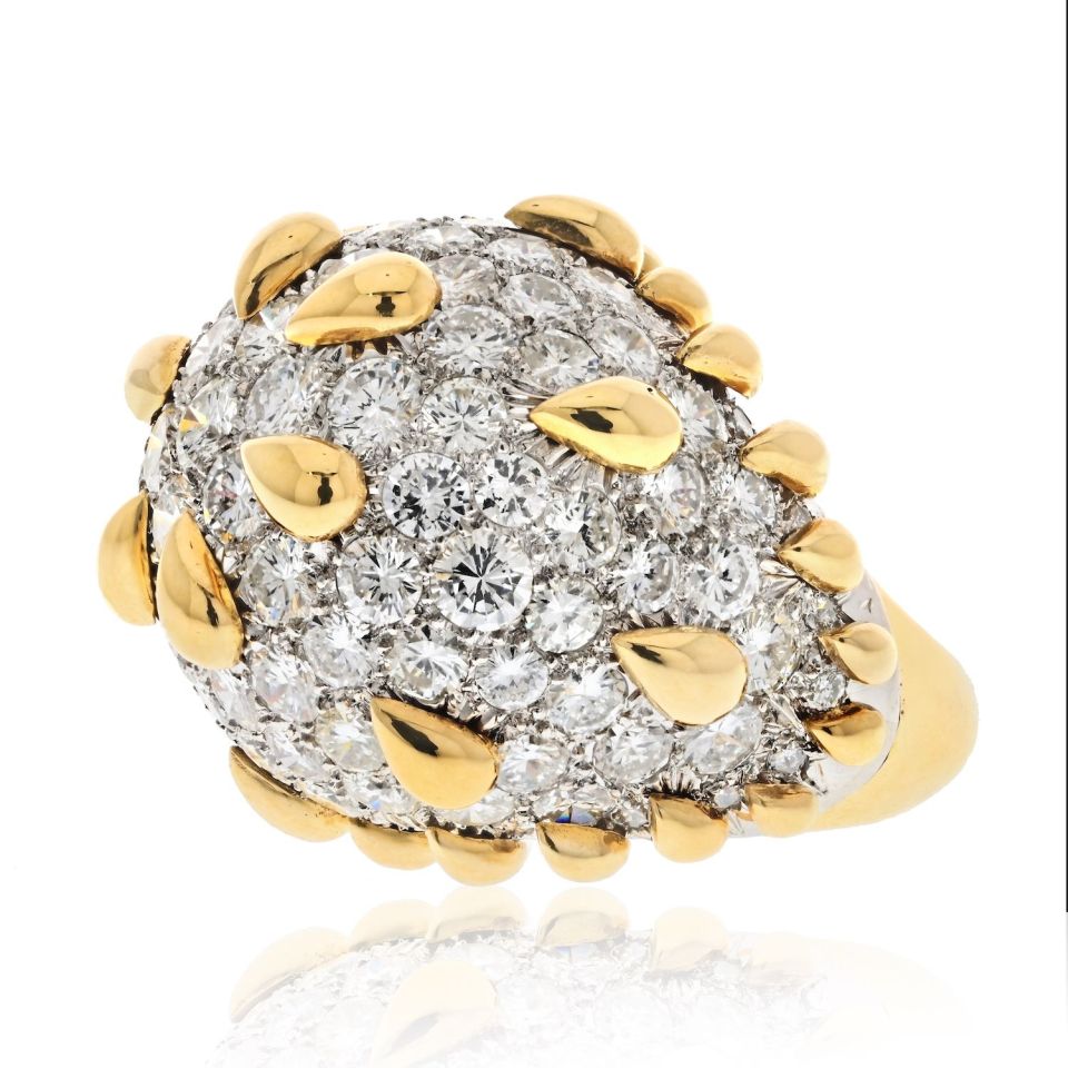 David Webb Platinum & 18K Yellow Gold Bombe Diamond Cluster Gold Tear Drop Deatails Ring
