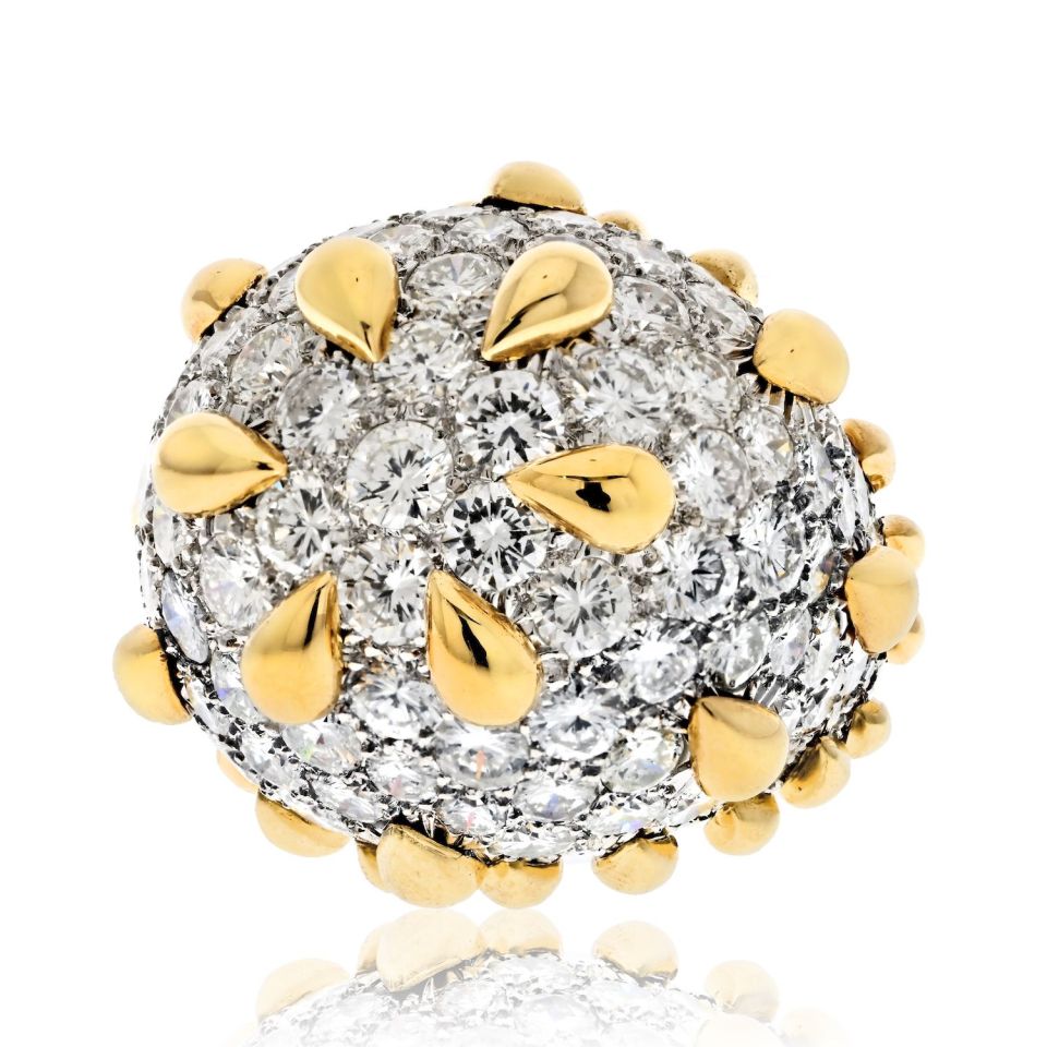 David Webb Platinum & 18K Yellow Gold Bombe Diamond Cluster Gold Tear Drop Deatails Ring