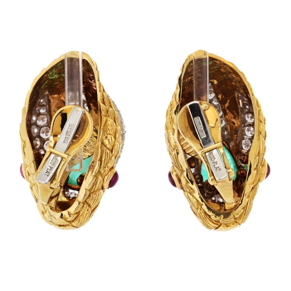 David Webb Vintage Platinum & 18K Yellow Gold Snake Green Emerald Ruby Diamond Clip On Earrings