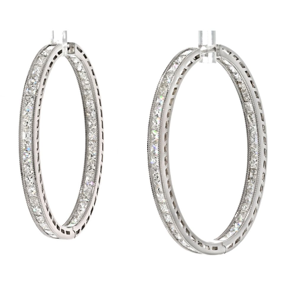 18K White Gold 10.71cttw Inside Out Princess Cut Diamond Hoop Earrings