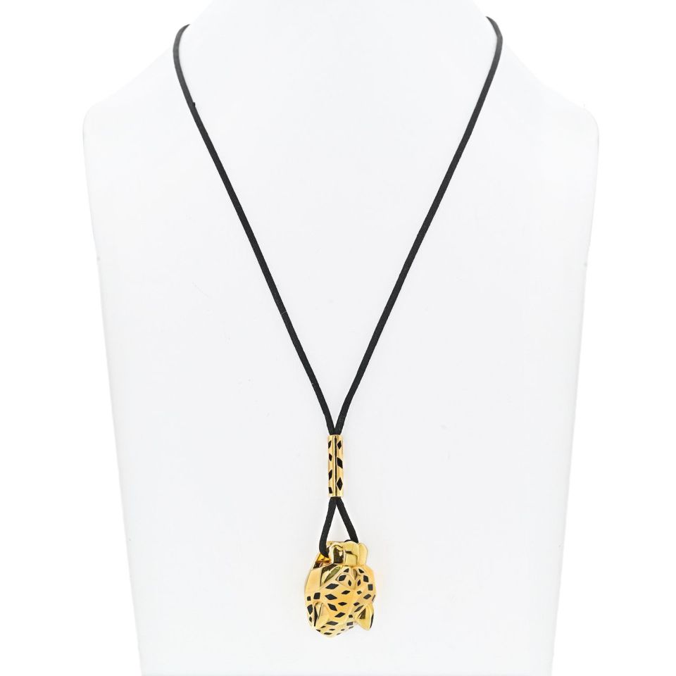 Cartier 18K Yellow Gold Panthere On A Black Cord Necklace