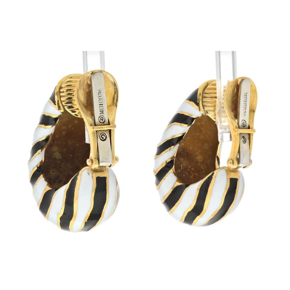David Webb Platinum & 18K Yellow Gold Classic Zebra Black And White Stripe Enamel Earrings