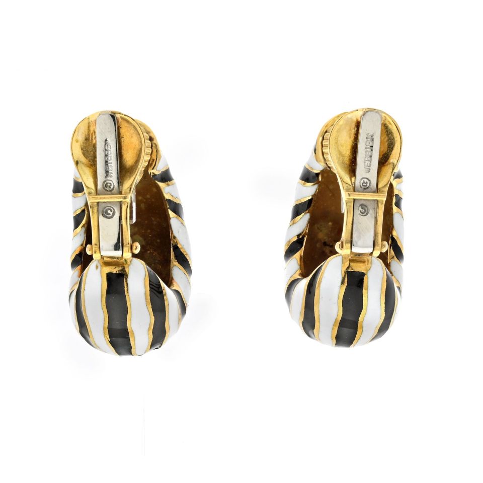 David Webb Platinum & 18K Yellow Gold Classic Zebra Black And White Stripe Enamel Earrings