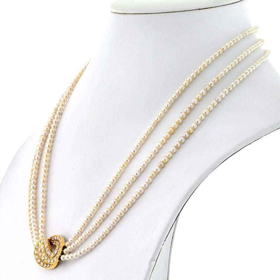 Van Cleef & Arpels 18K Yellow Gold Multistrand Pearl Diamond Necklace