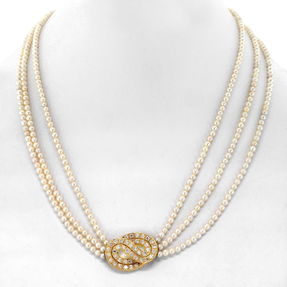 Van Cleef & Arpels 18K Yellow Gold Multistrand Pearl Diamond Necklace