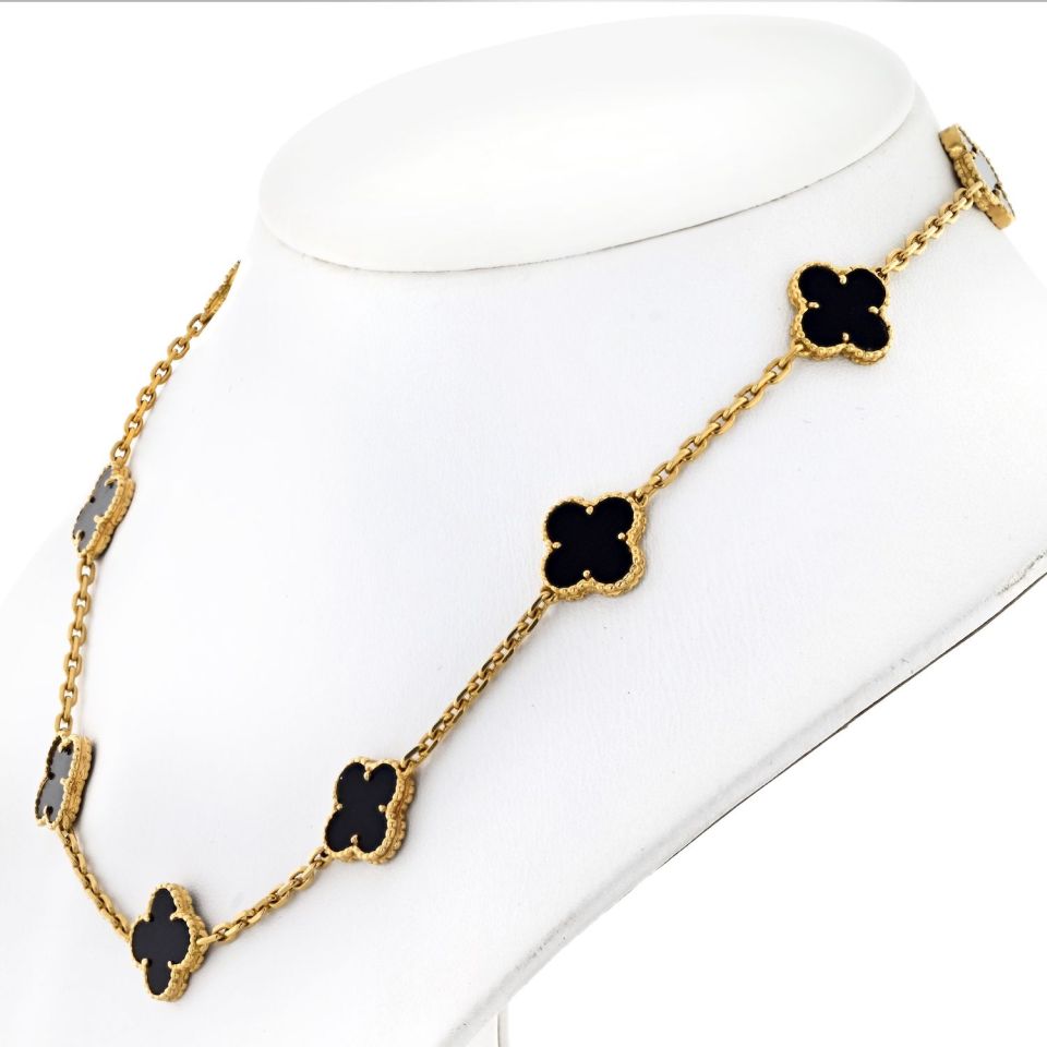 Van Cleef & Arpels Alhambra 18K Yellow Gold 10 Motif Onyx Alhambra Necklace