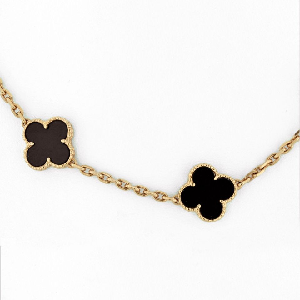 Van Cleef & Arpels Alhambra 18K Yellow Gold 10 Motif Onyx Alhambra Necklace
