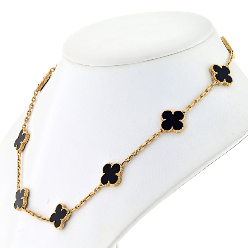Van Cleef & Arpels Alhambra 18K Yellow Gold Black Onyx 10 Motif Necklace
