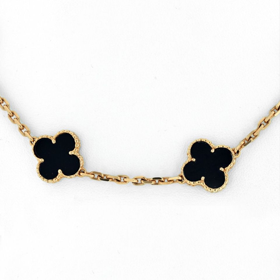 Van Cleef & Arpels Alhambra 18K Yellow Gold Black Onyx 10 Motif Necklace