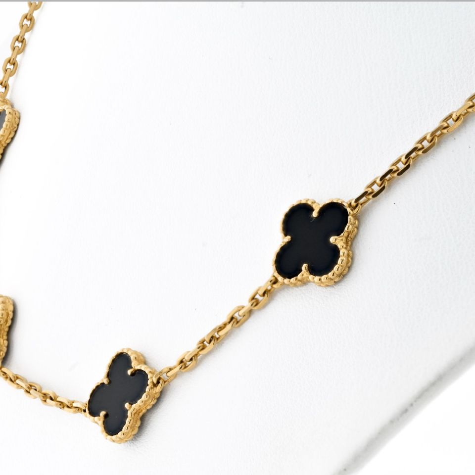 Van Cleef & Arpels Alhambra 18K Yellow Gold Black Onyx 10 Motif Necklace