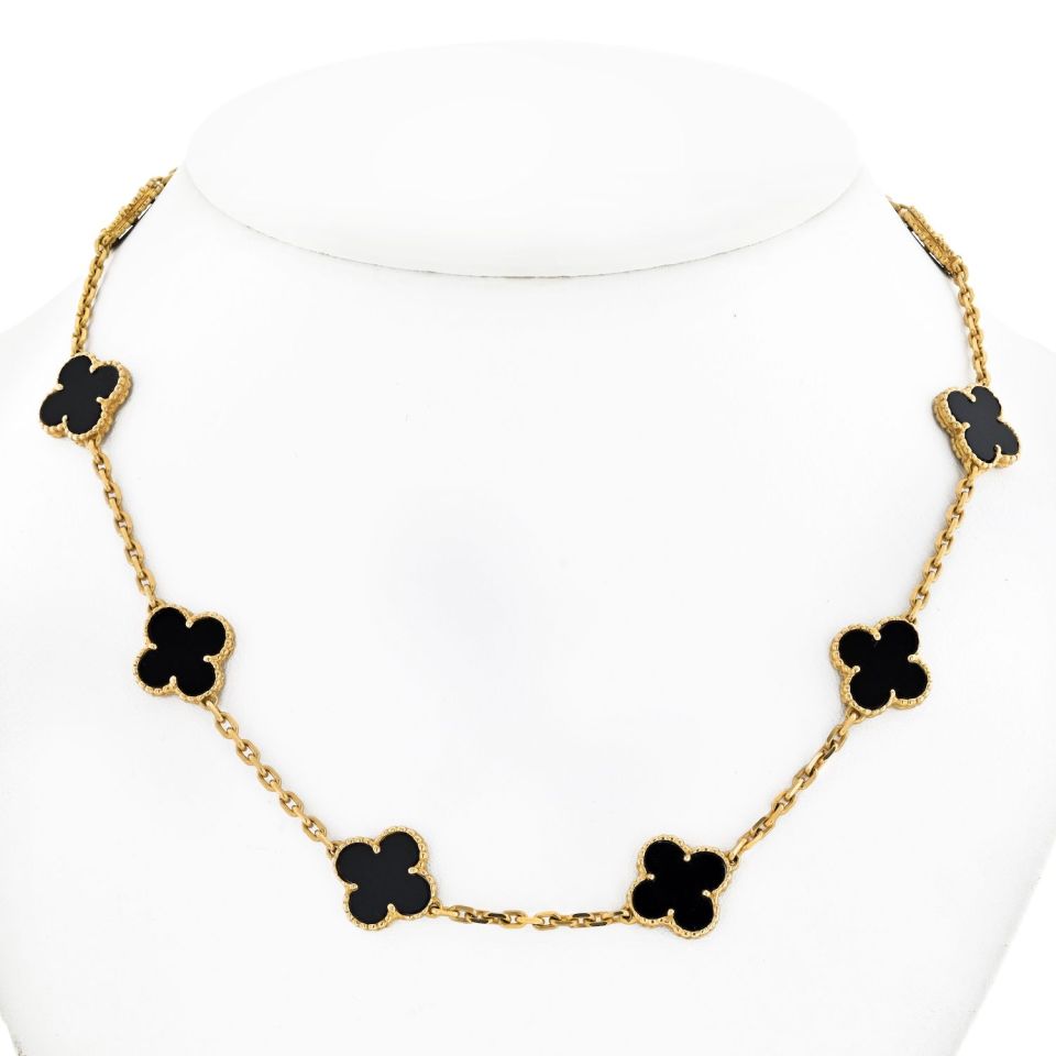 Van Cleef & Arpels Alhambra 18K Yellow Gold Black Onyx 10 Motif Necklace