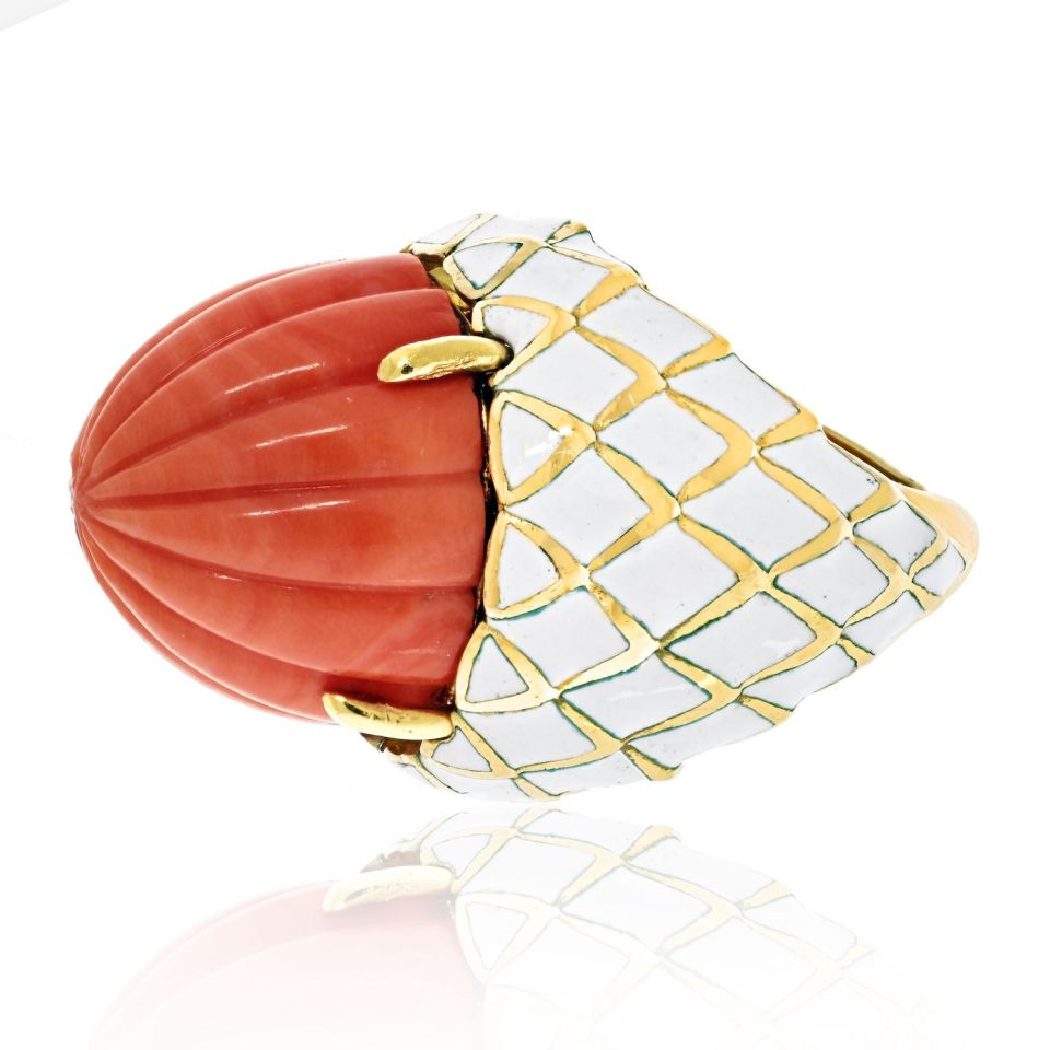 David Webb Bombe Platinum & 18K Yellow Gold Carved Coral White Enamel Ring