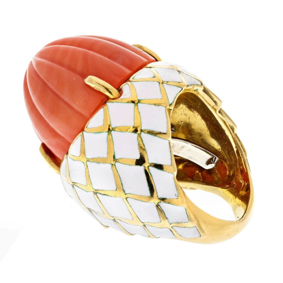 David Webb Bombe Platinum & 18K Yellow Gold Carved Coral White Enamel Ring