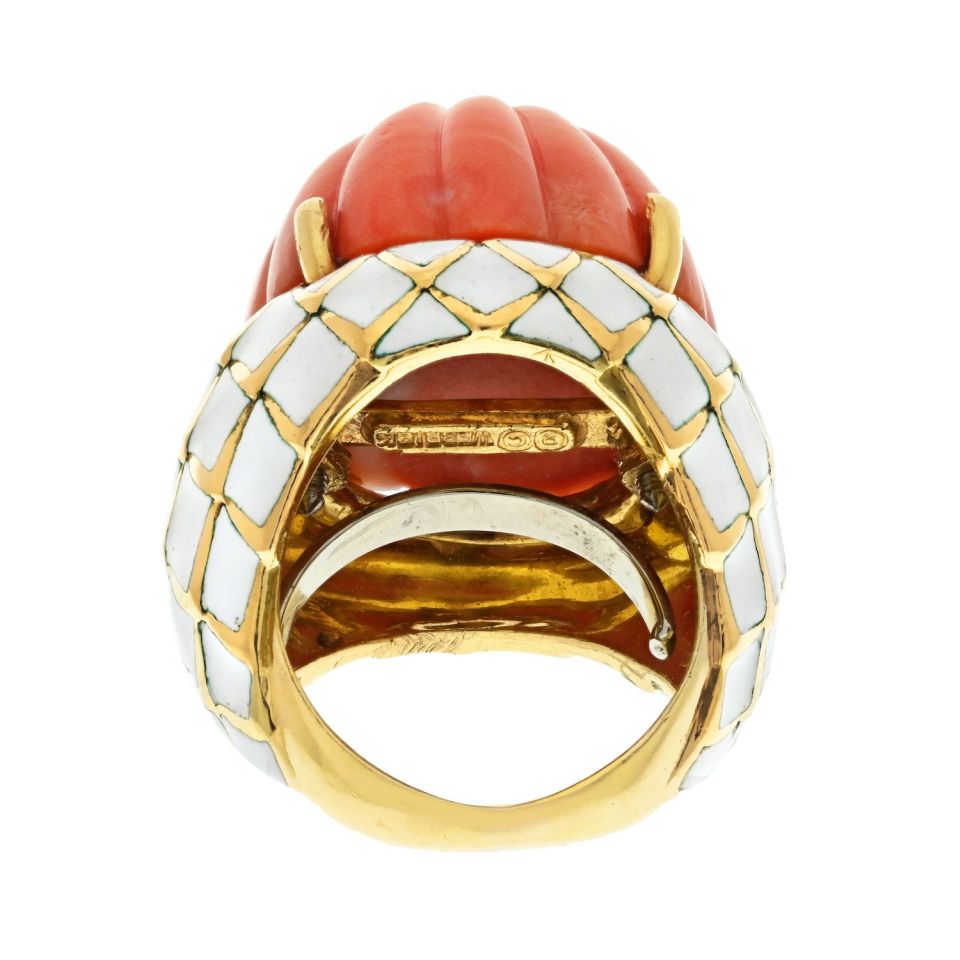 David Webb Bombe Platinum & 18K Yellow Gold Carved Coral White Enamel Ring