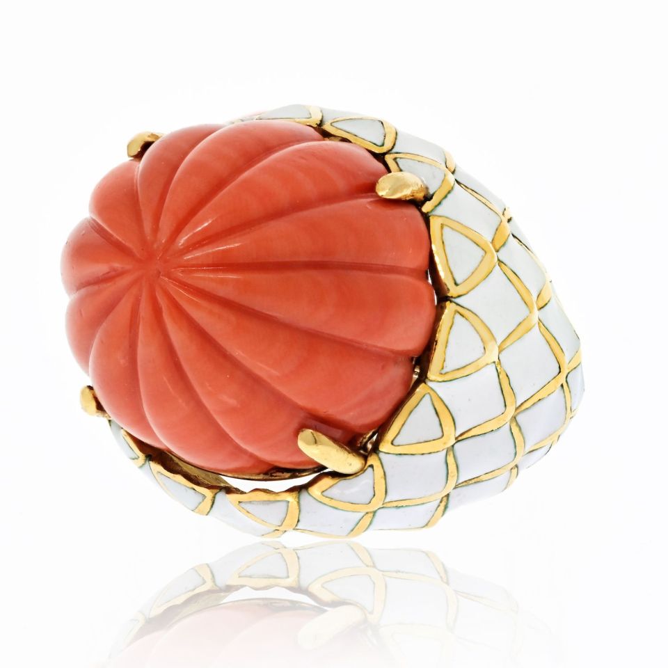 David Webb Bombe Platinum & 18K Yellow Gold Carved Coral White Enamel Ring