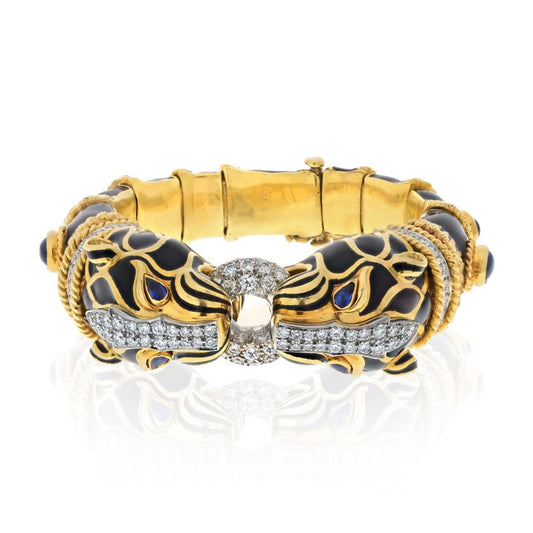 David Webb Platinum & 18K Yellow Gold Double Lion Black Enamel Sapphire Eyes Diamonds Bracelet