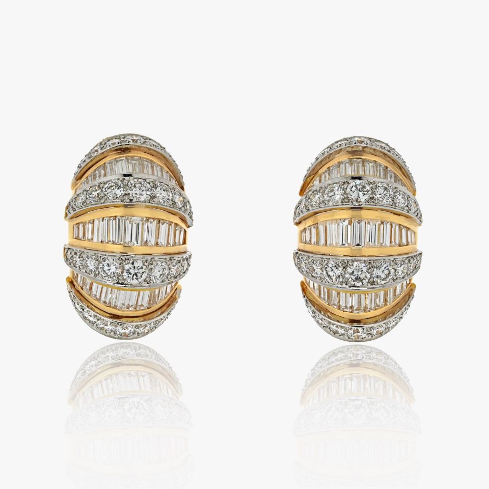Oscar Heyman Platinum & 18K Yellow Gold Dome Shrimp Baguette And Round Cut 7.00cttw Earrings