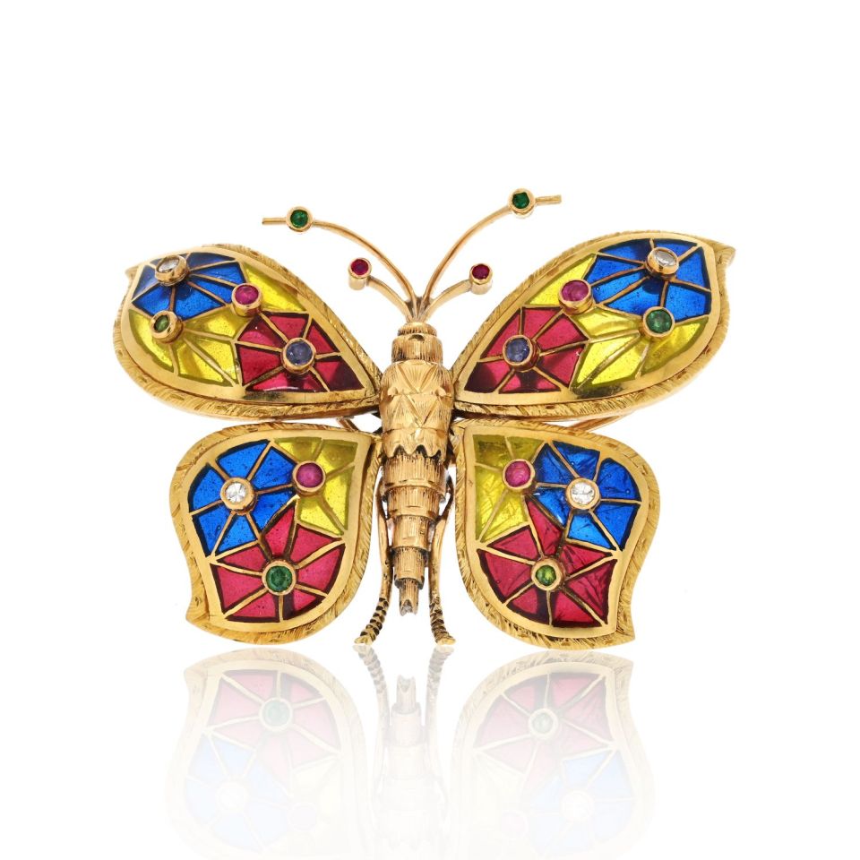 18K Yellow Gold Enamel Butterfly Brooch