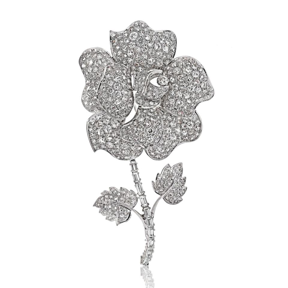 Platinum 27 Carat Round Diamond Flower Brooch