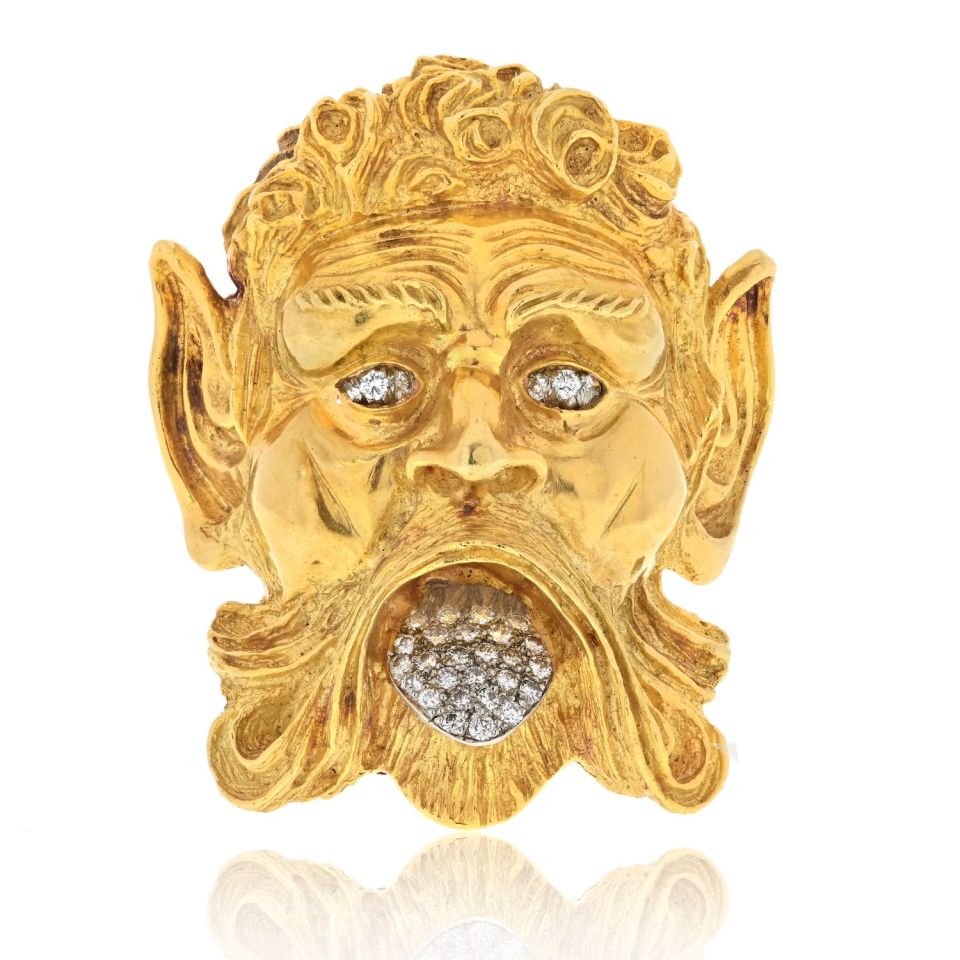 David Webb Platinum & 18K Yellow Gold Satyr Diamond Face Brooch